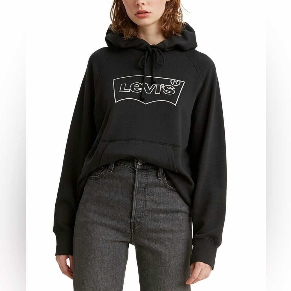 Levi's Fleece Graphic Print Glitter Silver Hoodie Black Loose Fit Pocket size S